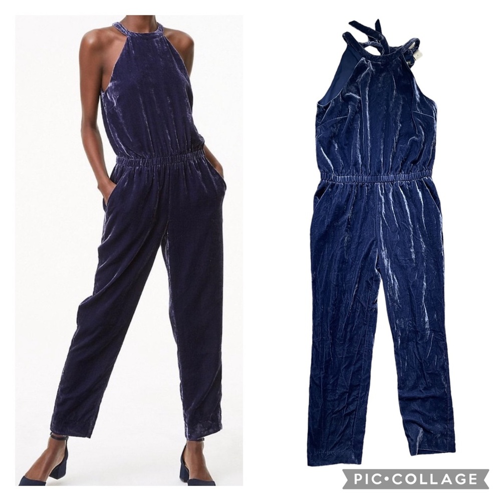 Loft Ann Taylor Velvet Halter Ties Navy Jumpsuit Party Petite Size Medium - NWT